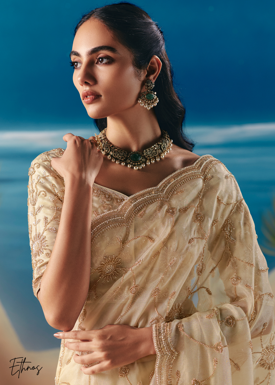 Cream Sequins Organza Saree