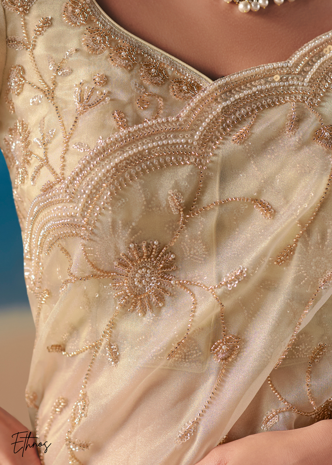 Cream Sequins Organza Saree