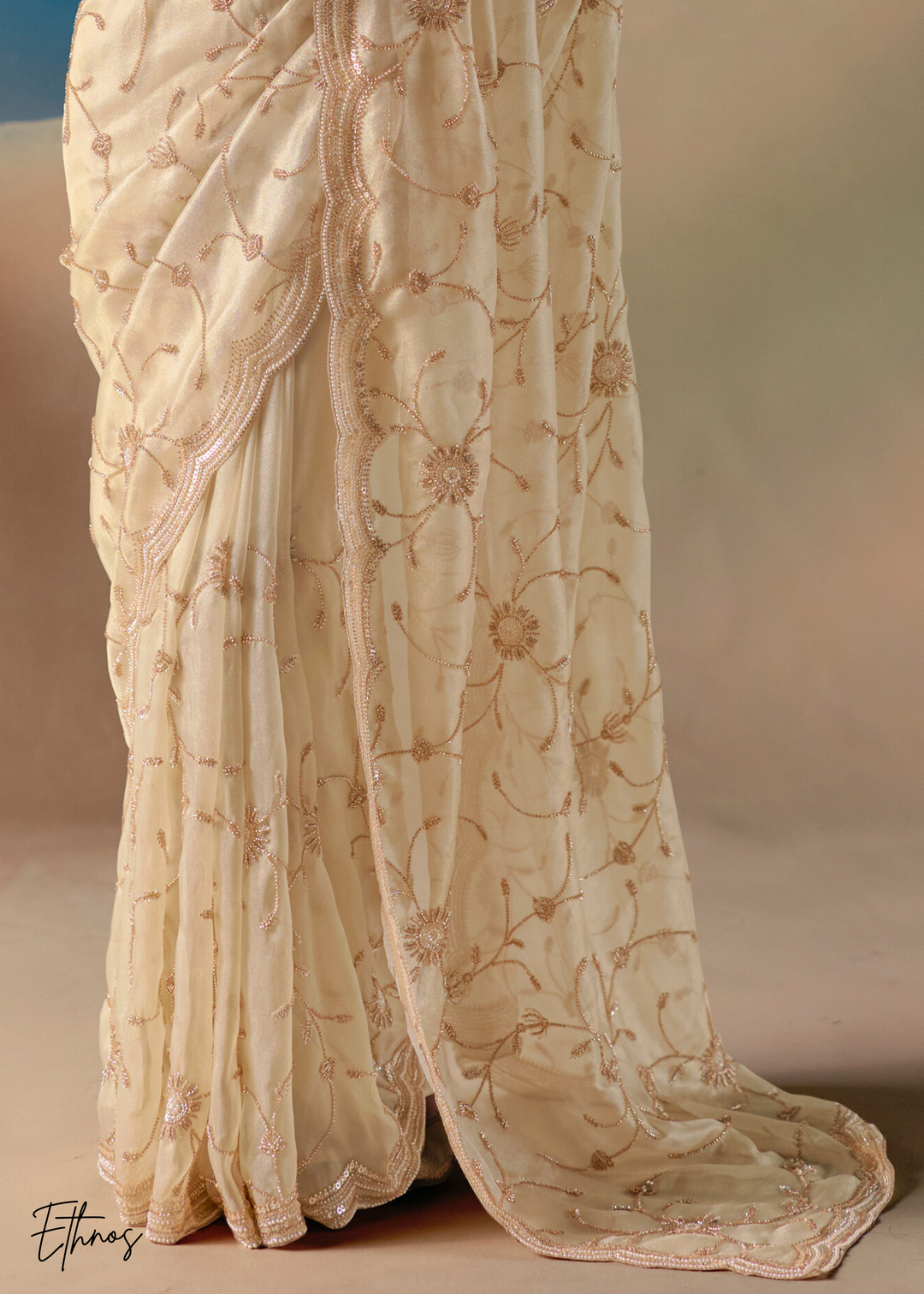 Cream Sequins Organza Saree