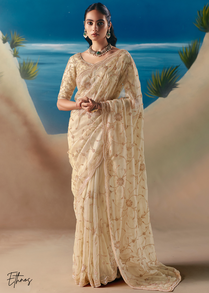 Cream Sequins Organza Saree