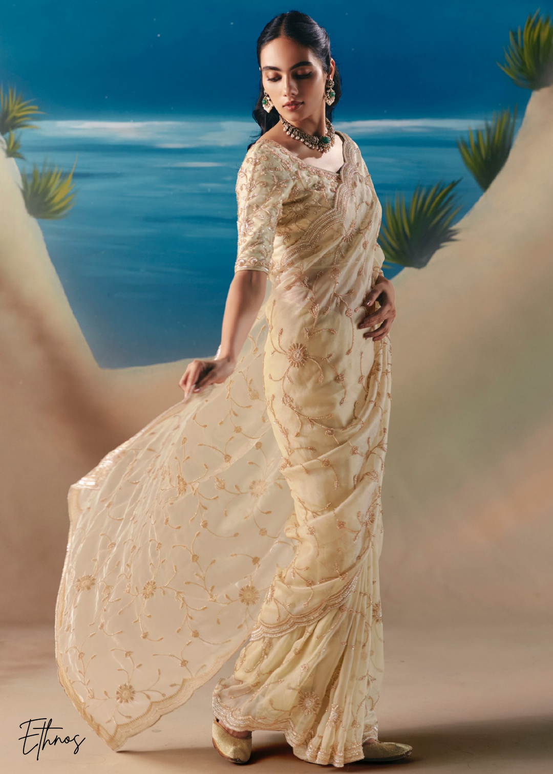 Cream Sequins Organza Saree