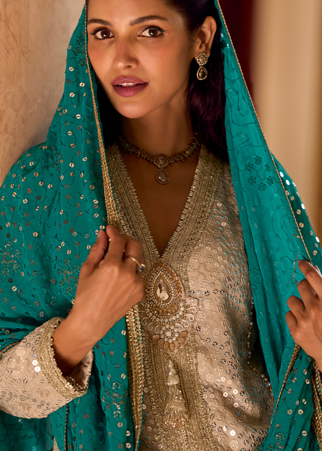 Beige & Teal Gilded Georgette Cowl Pant Set