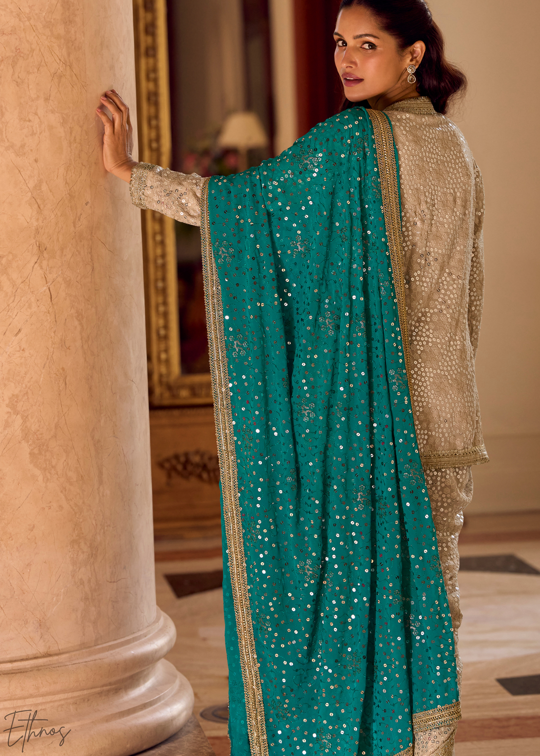 Beige & Teal Gilded Georgette Cowl Pant Set