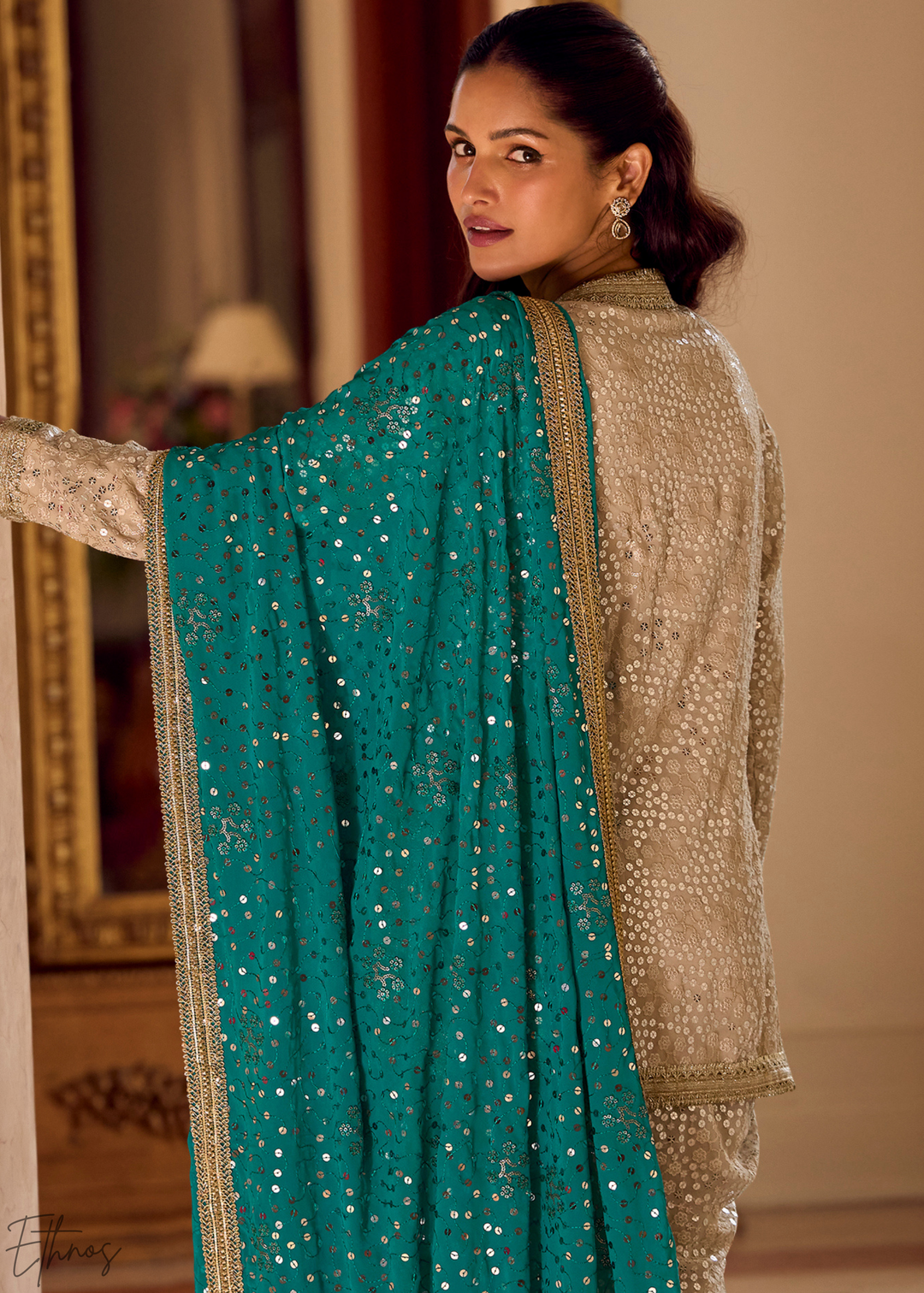 Beige & Teal Gilded Georgette Cowl Pant Set