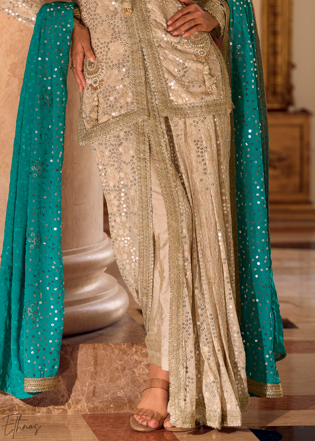 Beige & Teal Gilded Georgette Cowl Pant Set