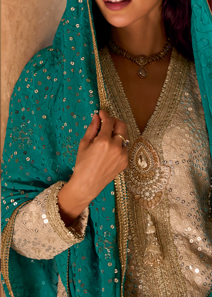 Beige & Teal Gilded Georgette Cowl Pant Set