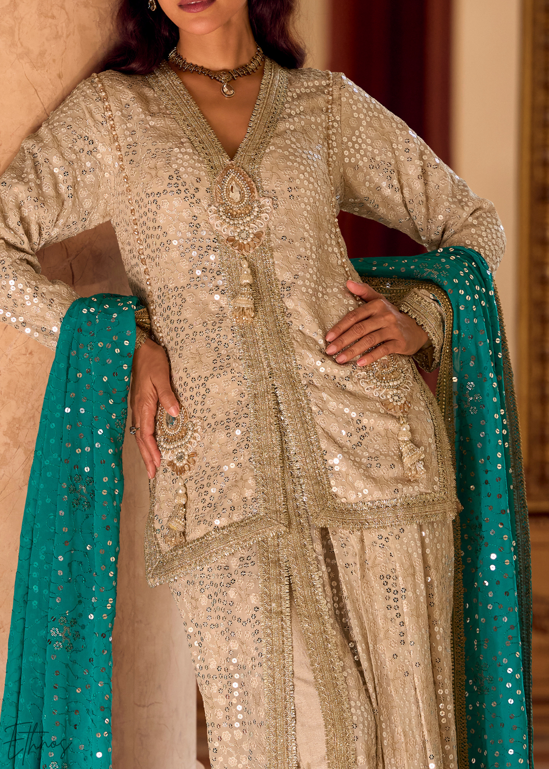 Beige & Teal Gilded Georgette Cowl Pant Set