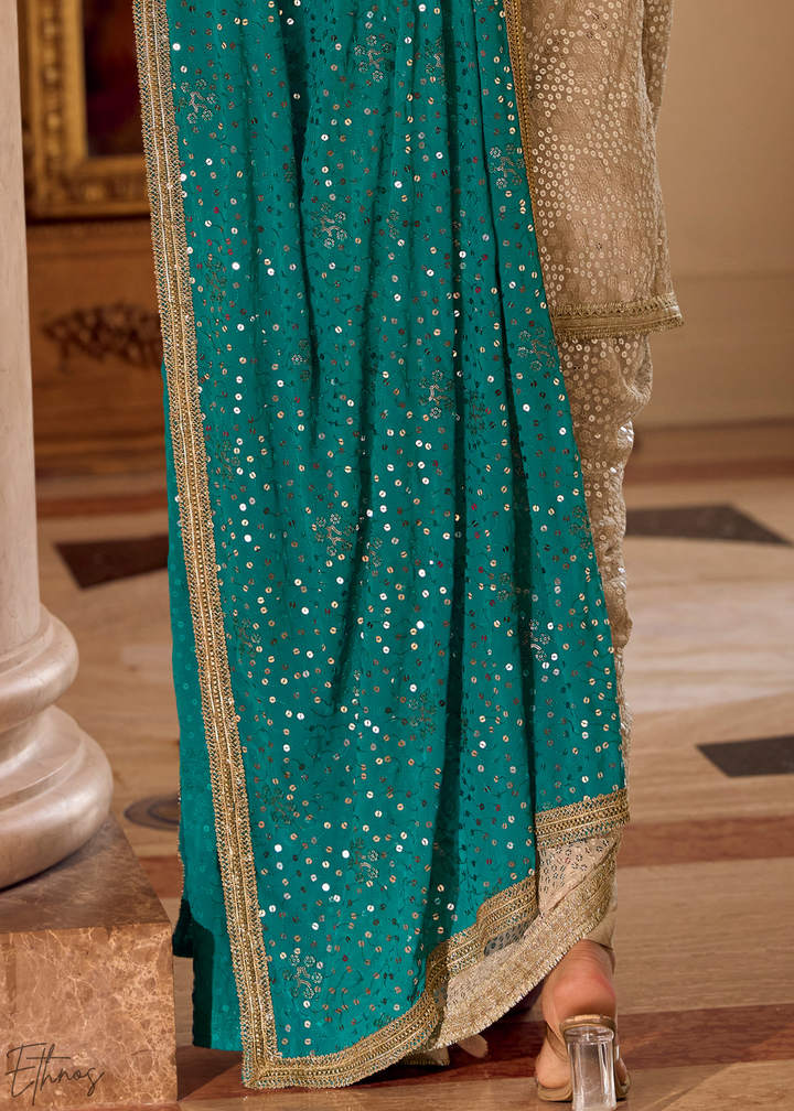 Beige & Teal Gilded Georgette Cowl Pant Set