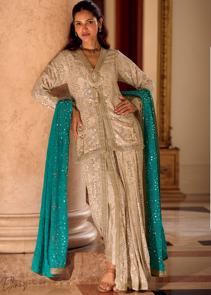 Beige & Teal Gilded Georgette Cowl Pant Set