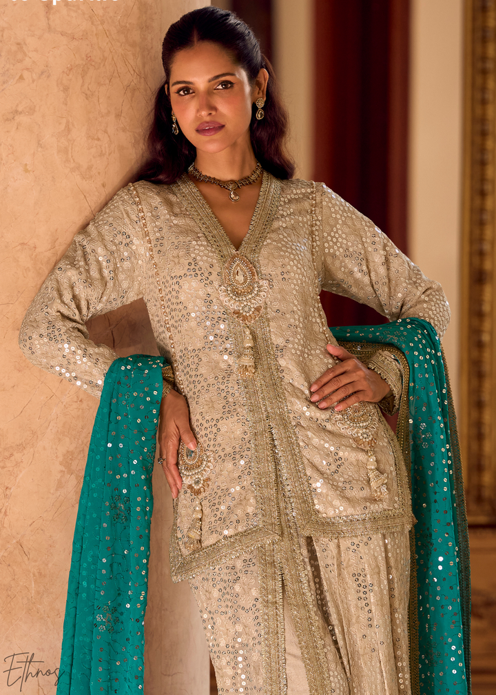 Beige & Teal Gilded Georgette Cowl Pant Set