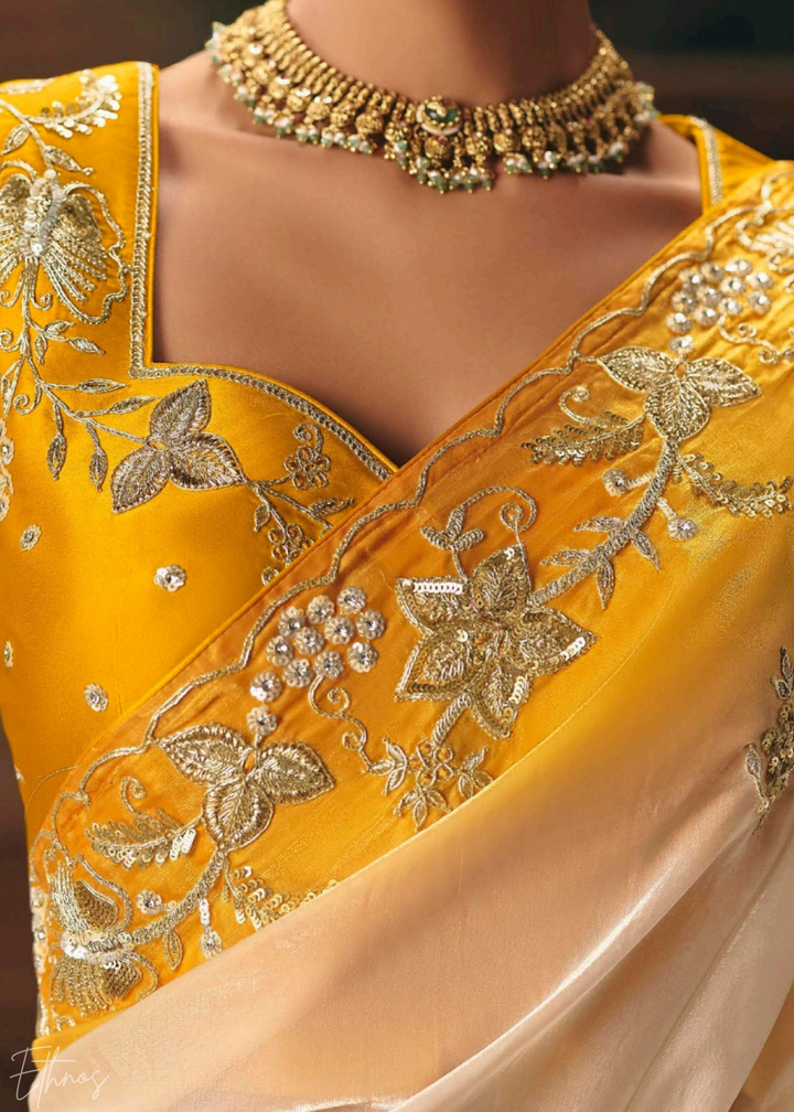 Cream & Yellow Sequins Organza Saree