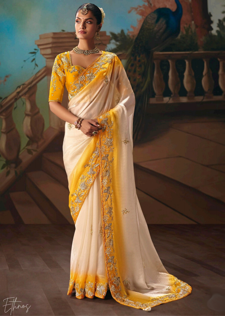 Cream & Yellow Sequins Organza Saree