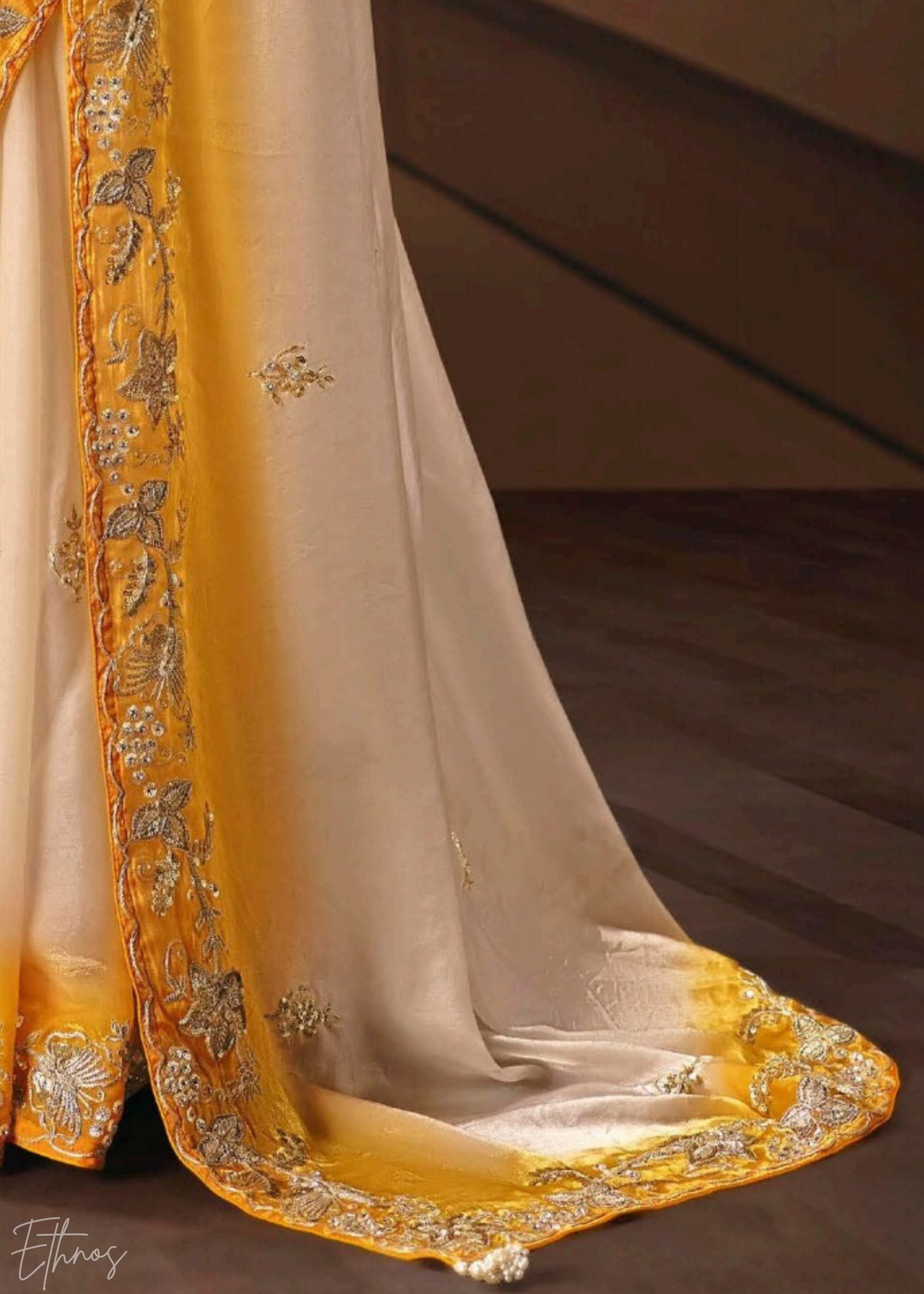 Cream & Yellow Sequins Organza Saree