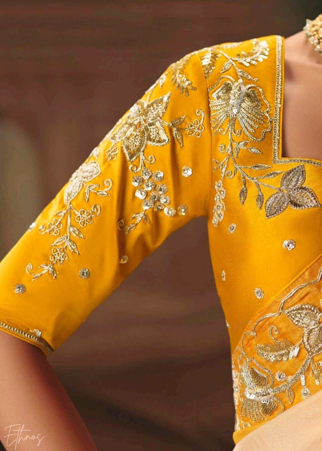 Cream & Yellow Sequins Organza Saree
