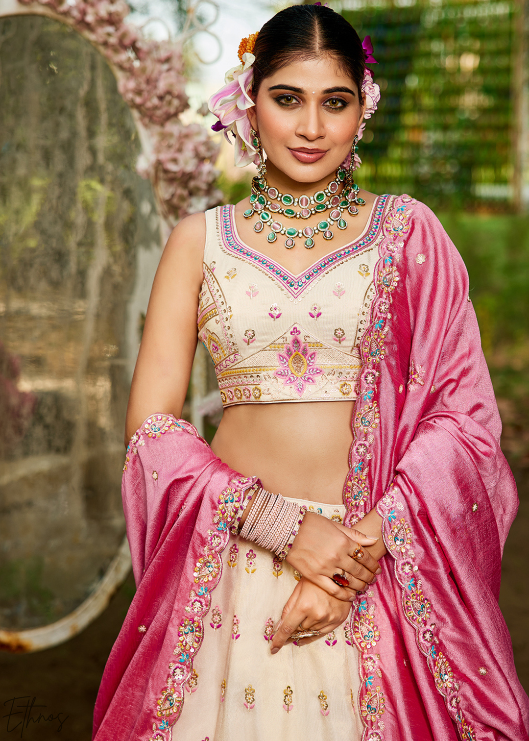 Cream and Pink Peacock Embroidered Tissue Lehenga Choli