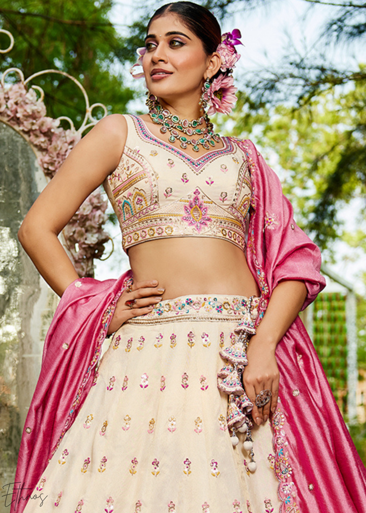 Cream and Pink Peacock Embroidered Tissue Lehenga Choli