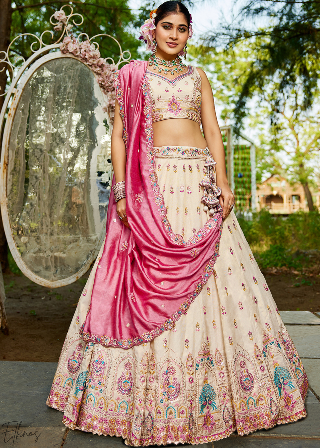 Cream and Pink Peacock Embroidered Tissue Lehenga Choli