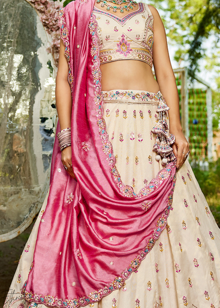 Cream and Pink Peacock Embroidered Tissue Lehenga Choli
