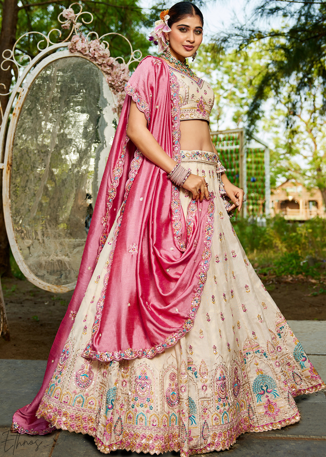 Cream and Pink Peacock Embroidered Tissue Lehenga Choli