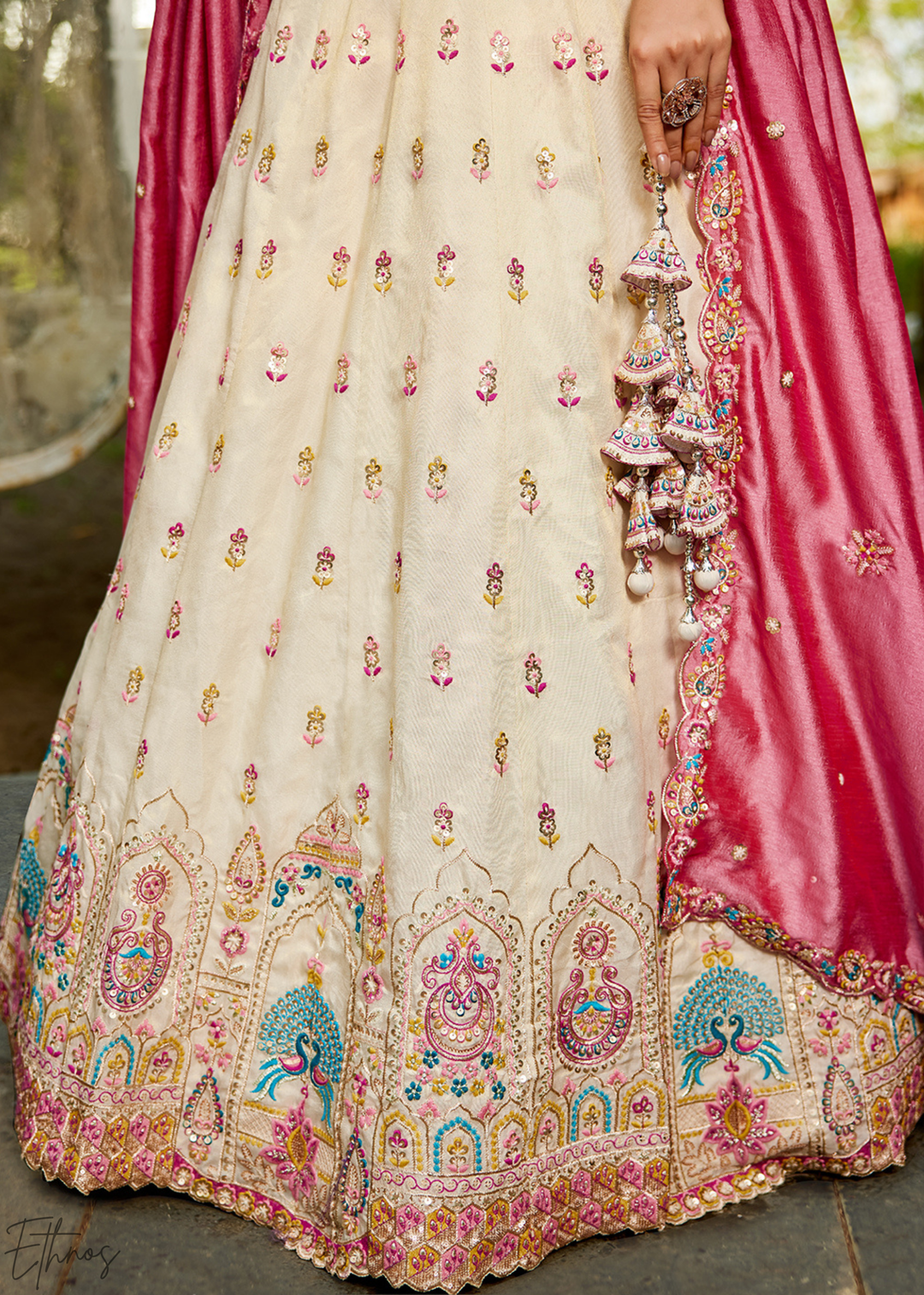 Cream and Pink Peacock Embroidered Tissue Lehenga Choli