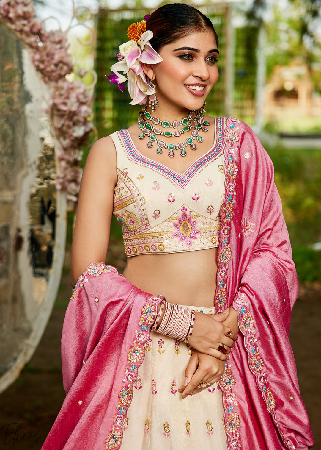 Cream and Pink Peacock Embroidered Tissue Lehenga Choli