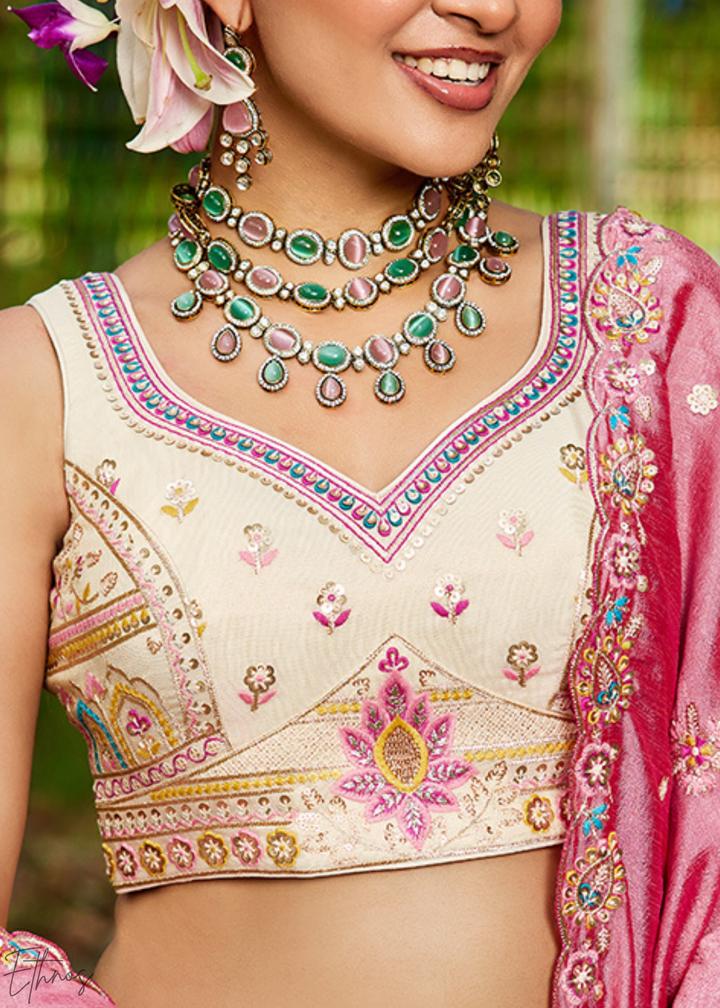 Cream and Pink Peacock Embroidered Tissue Lehenga Choli