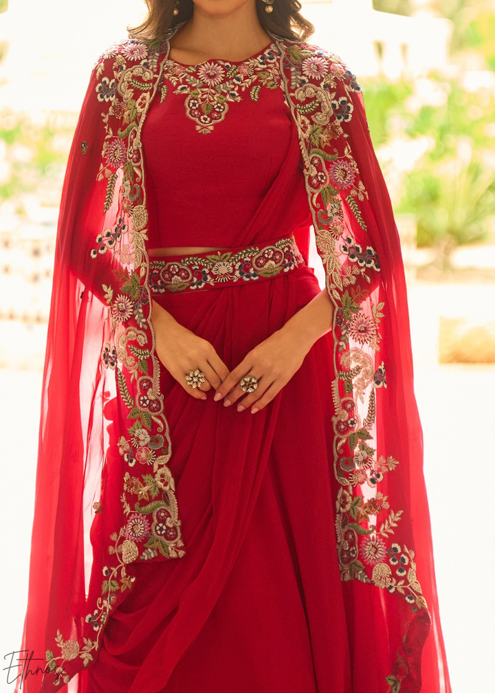 Crimson Baroque Filigree Faux Georgette Cape Skirt Set