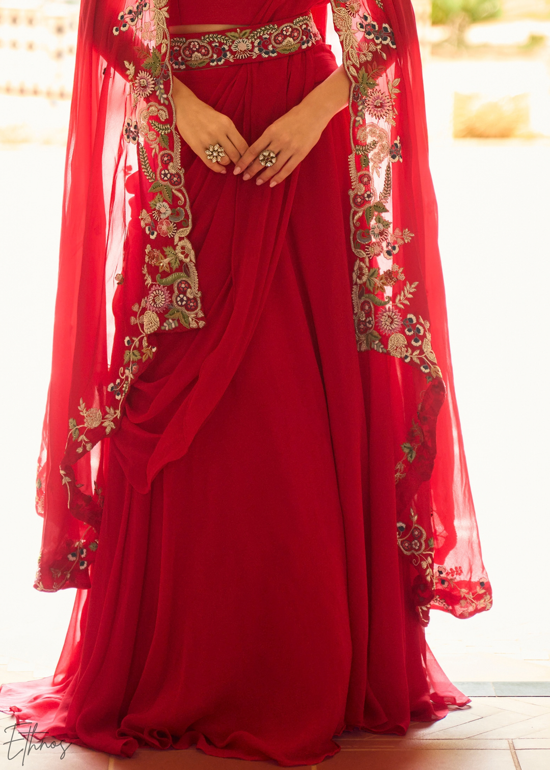 Crimson Baroque Filigree Faux Georgette Cape Skirt Set