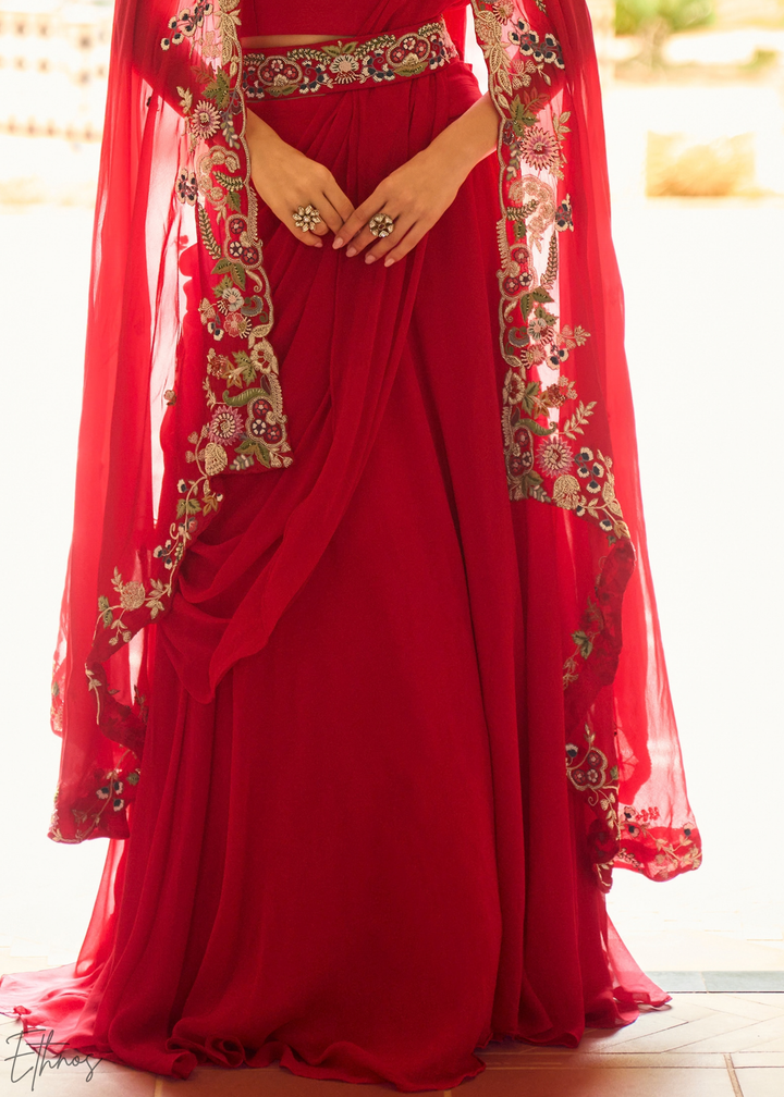 Crimson Baroque Filigree Faux Georgette Cape Skirt Set