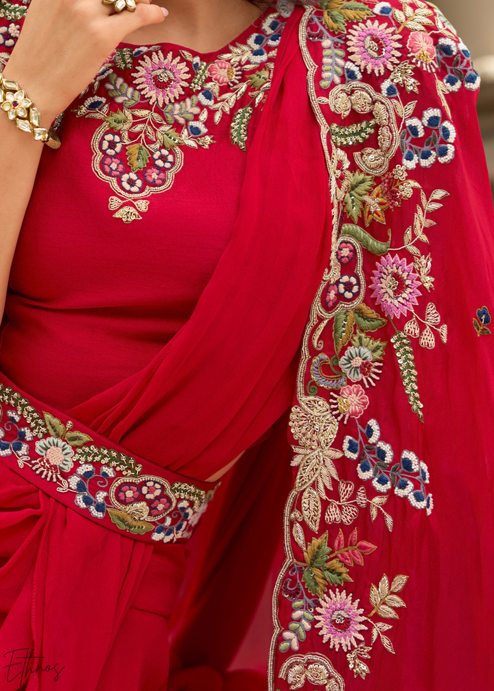 Crimson Baroque Filigree Faux Georgette Cape Skirt Set