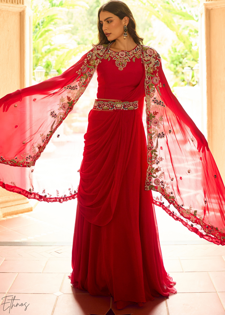 Crimson Baroque Filigree Faux Georgette Cape Skirt Set