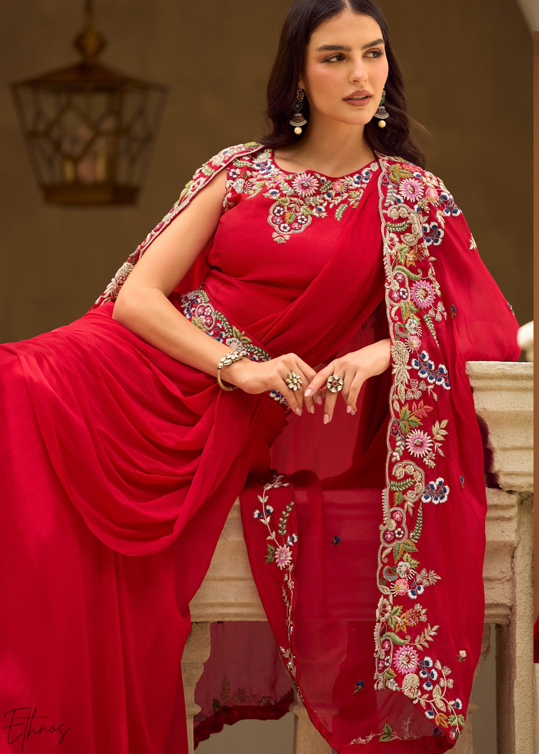 Crimson Baroque Filigree Faux Georgette Cape Skirt Set
