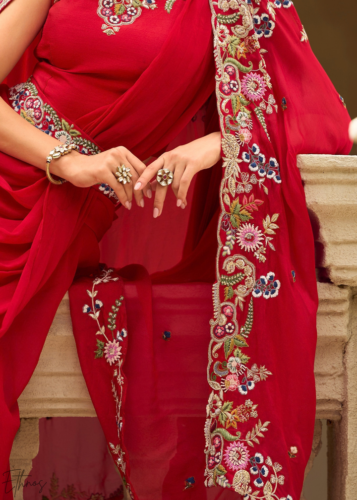 Crimson Baroque Filigree Faux Georgette Cape Skirt Set