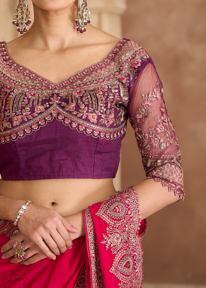 Crimson Berry Floral Accent Satin Georgette Saree