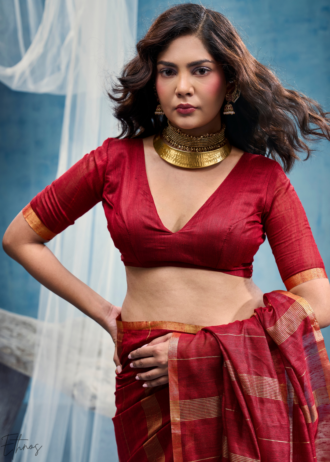 Crimson Filigree Jamdani Pallu Munga Cotton Saree