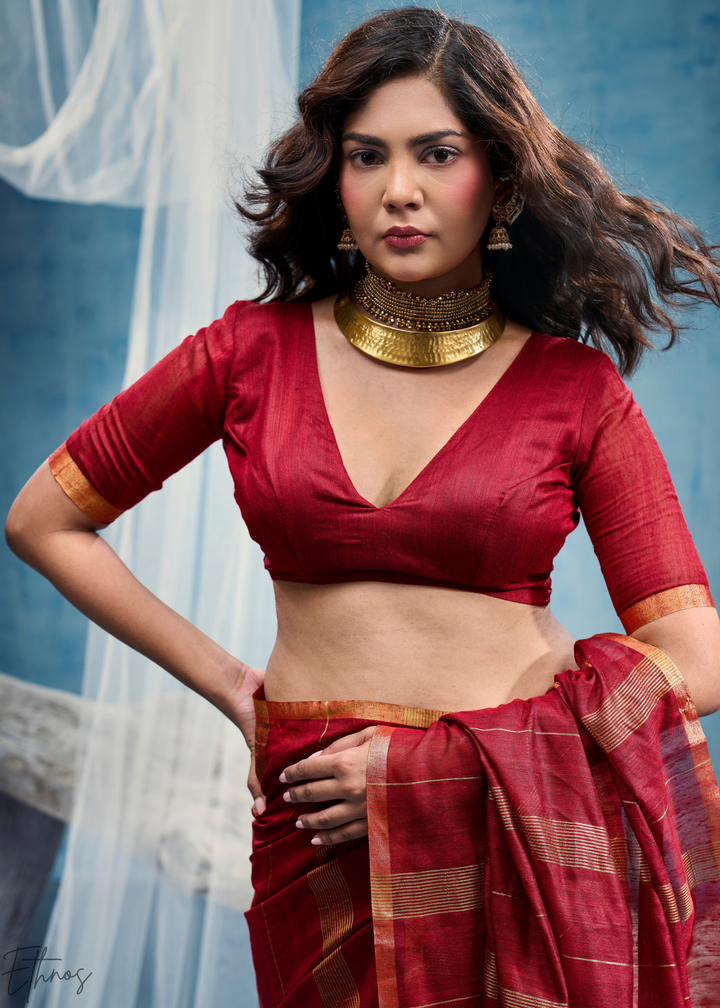 Crimson Filigree Jamdani Pallu Munga Cotton Saree