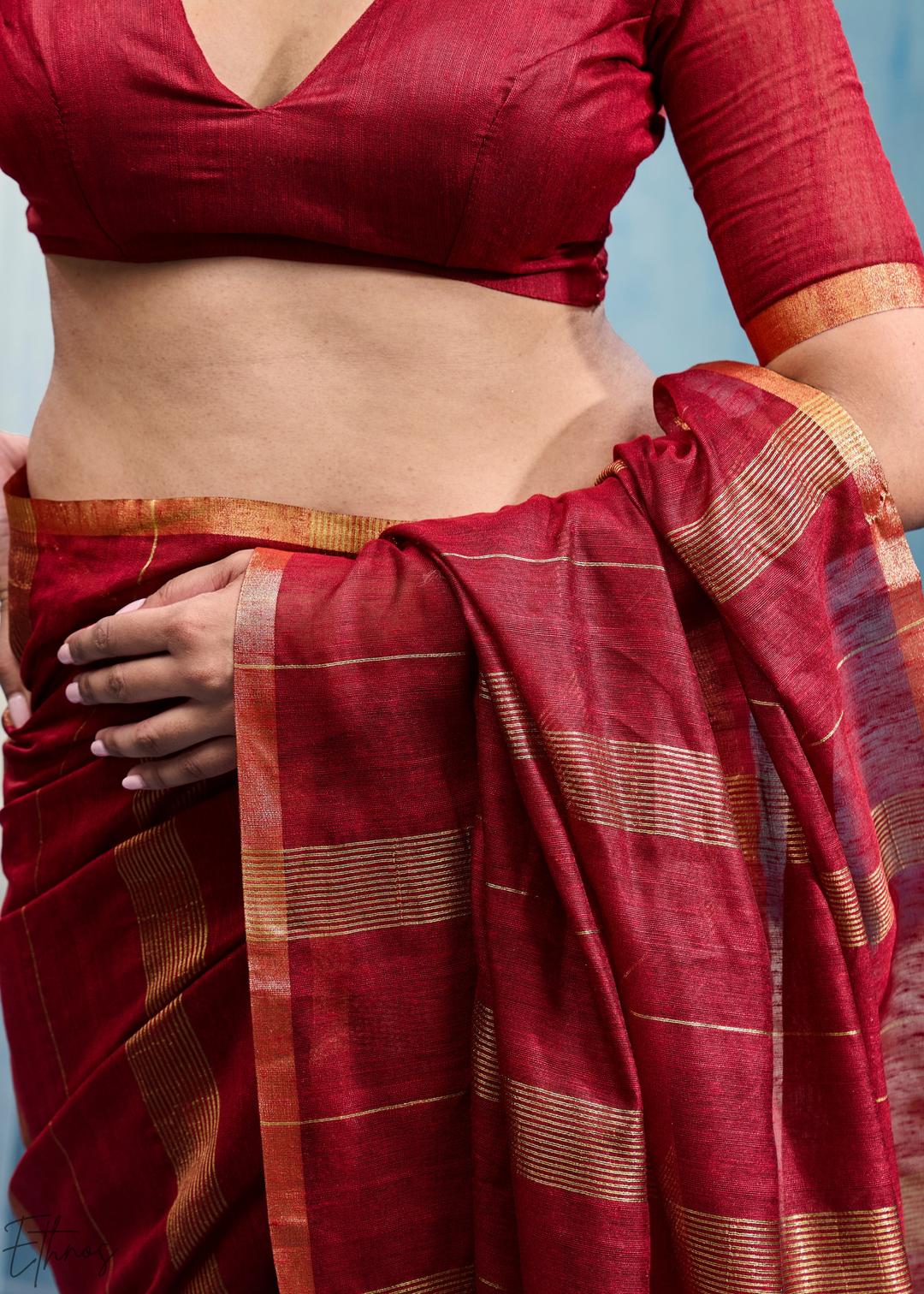 Crimson Filigree Jamdani Pallu Munga Cotton Saree
