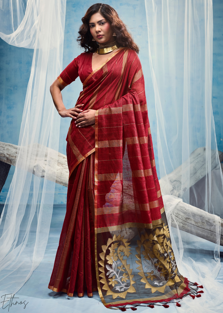 Crimson Filigree Jamdani Pallu Munga Cotton Saree