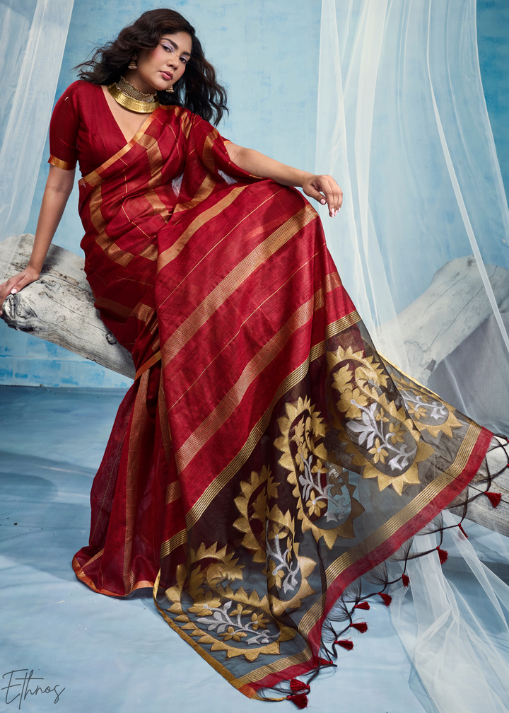 Crimson Filigree Jamdani Pallu Munga Cotton Saree