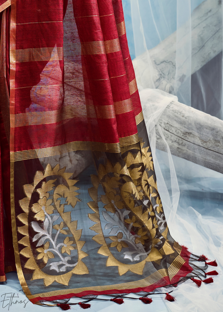 Crimson Filigree Jamdani Pallu Munga Cotton Saree