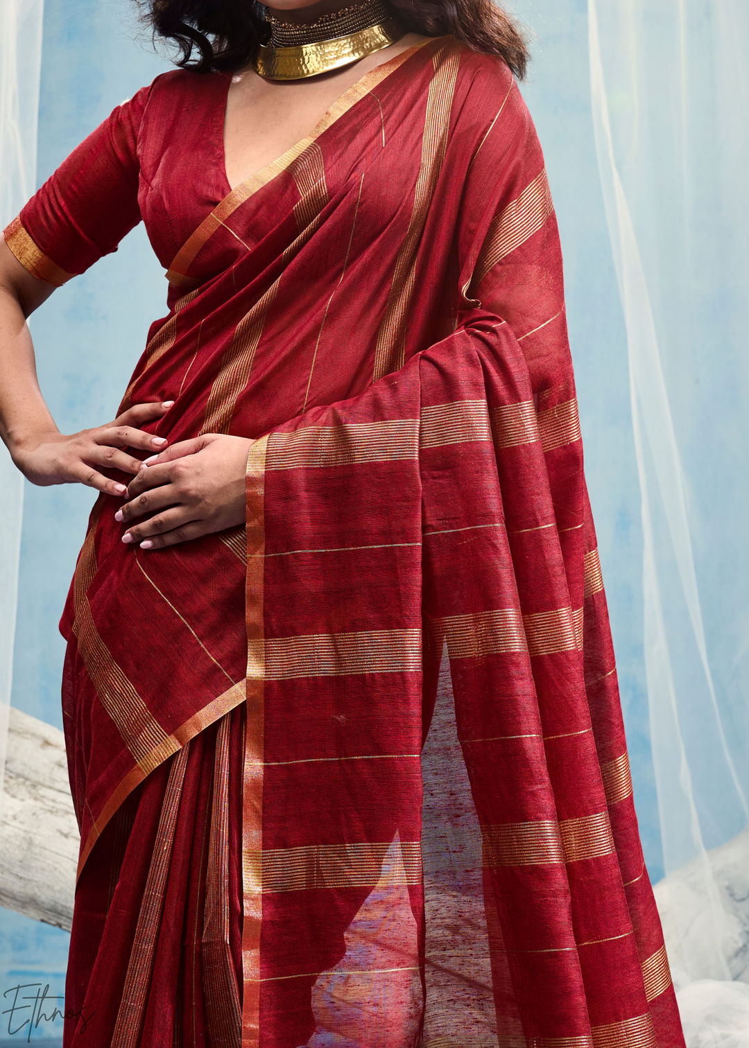 Crimson Filigree Jamdani Pallu Munga Cotton Saree