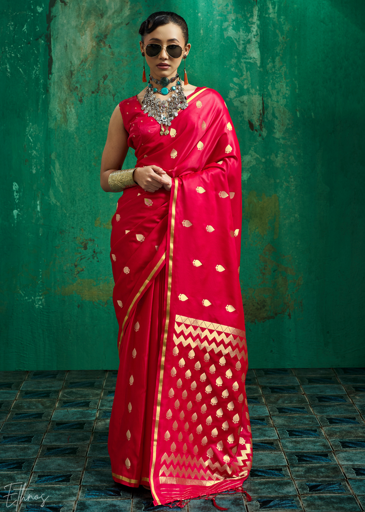 Crimson Fuchsia Leheriya Chevron Satin Saree