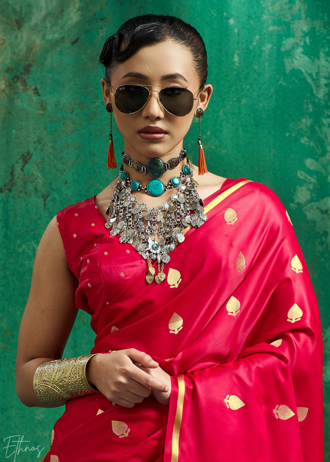 Crimson Fuchsia Leheriya Chevron Satin Saree