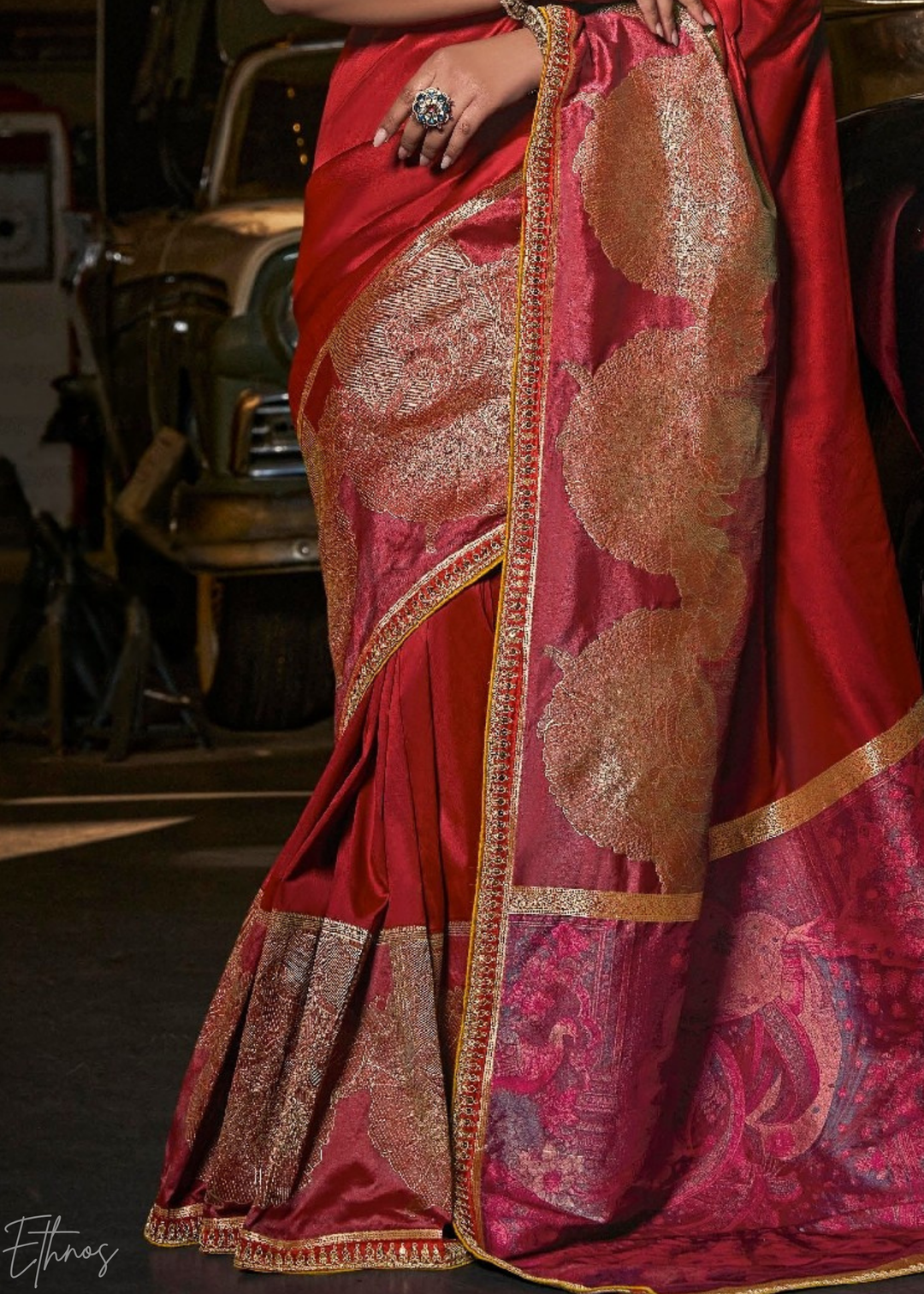 Crimson Garnet Empire Medallion Silk Saree