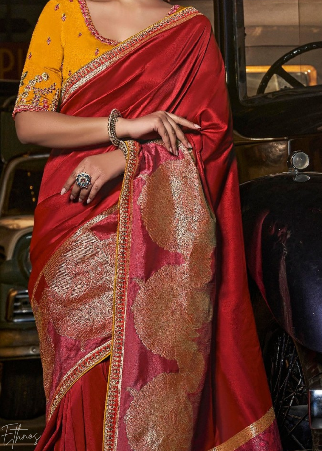 Crimson Garnet Empire Medallion Silk Saree