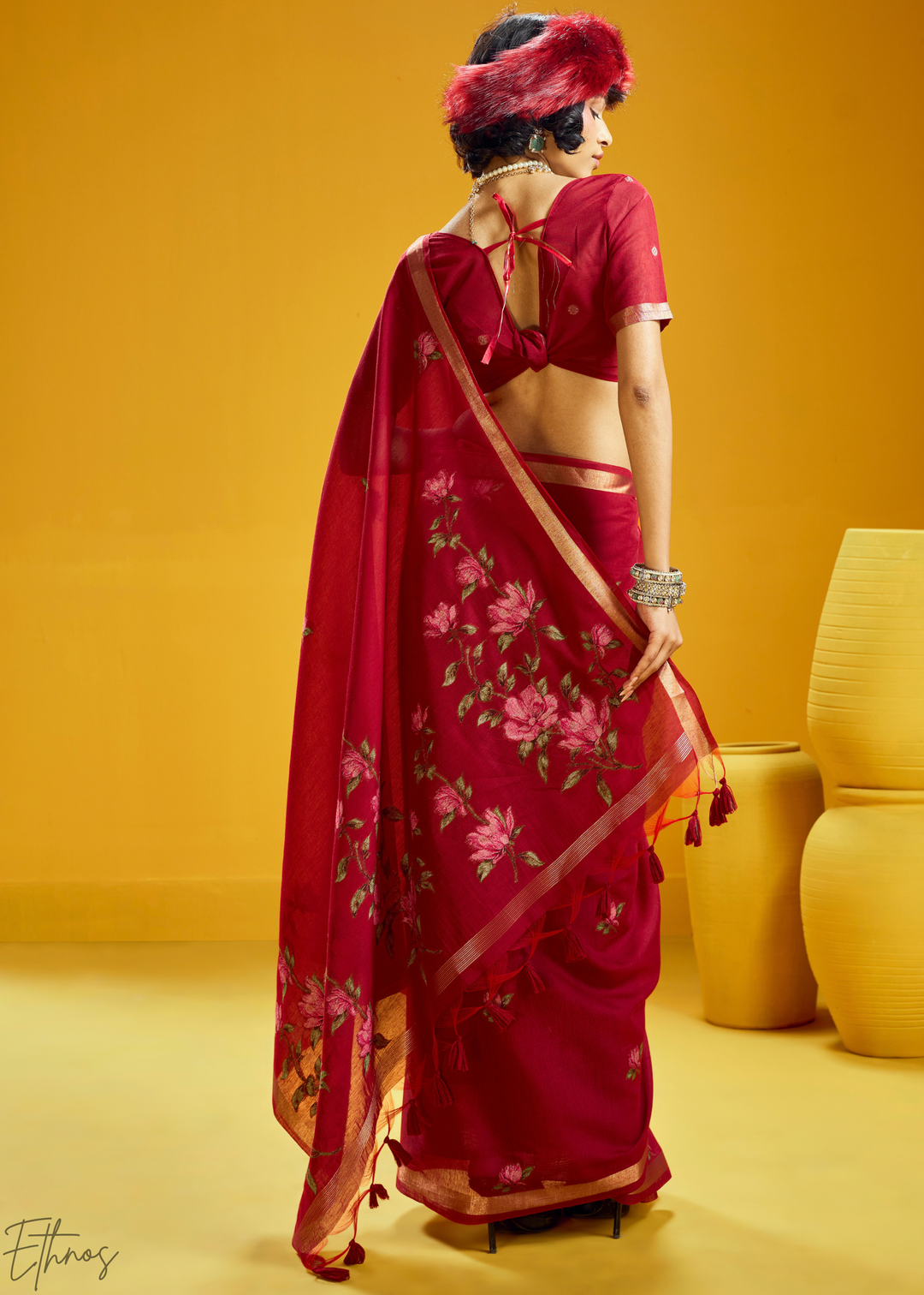 Crimson Lotus Jamdani Pallu Munga Cotton Saree