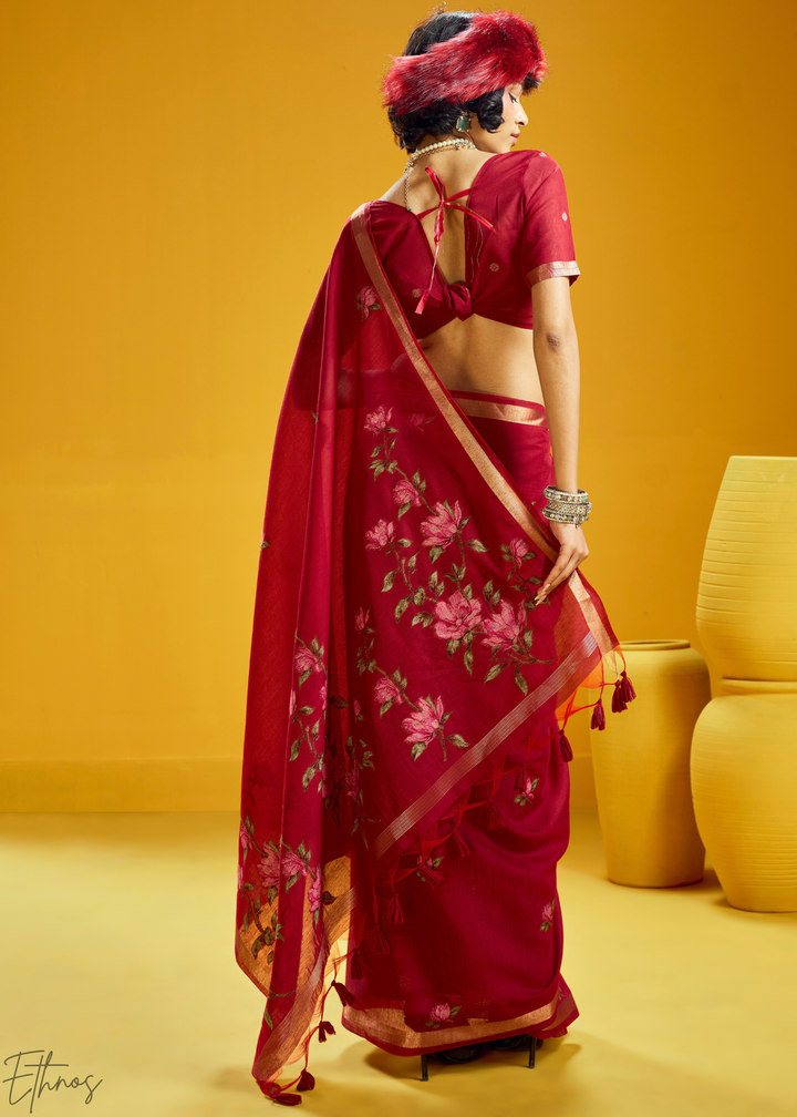 Crimson Lotus Jamdani Pallu Munga Cotton Saree
