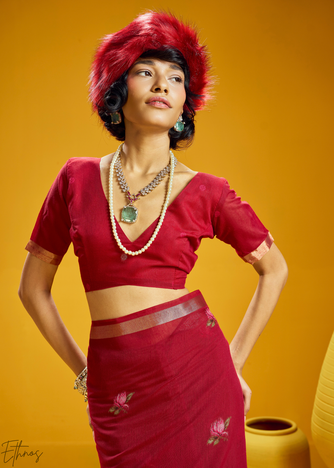 Crimson Lotus Jamdani Pallu Munga Cotton Saree