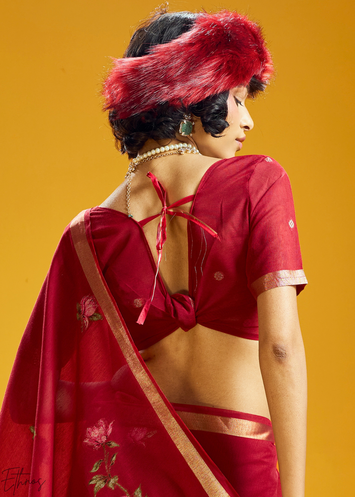 Crimson Lotus Jamdani Pallu Munga Cotton Saree