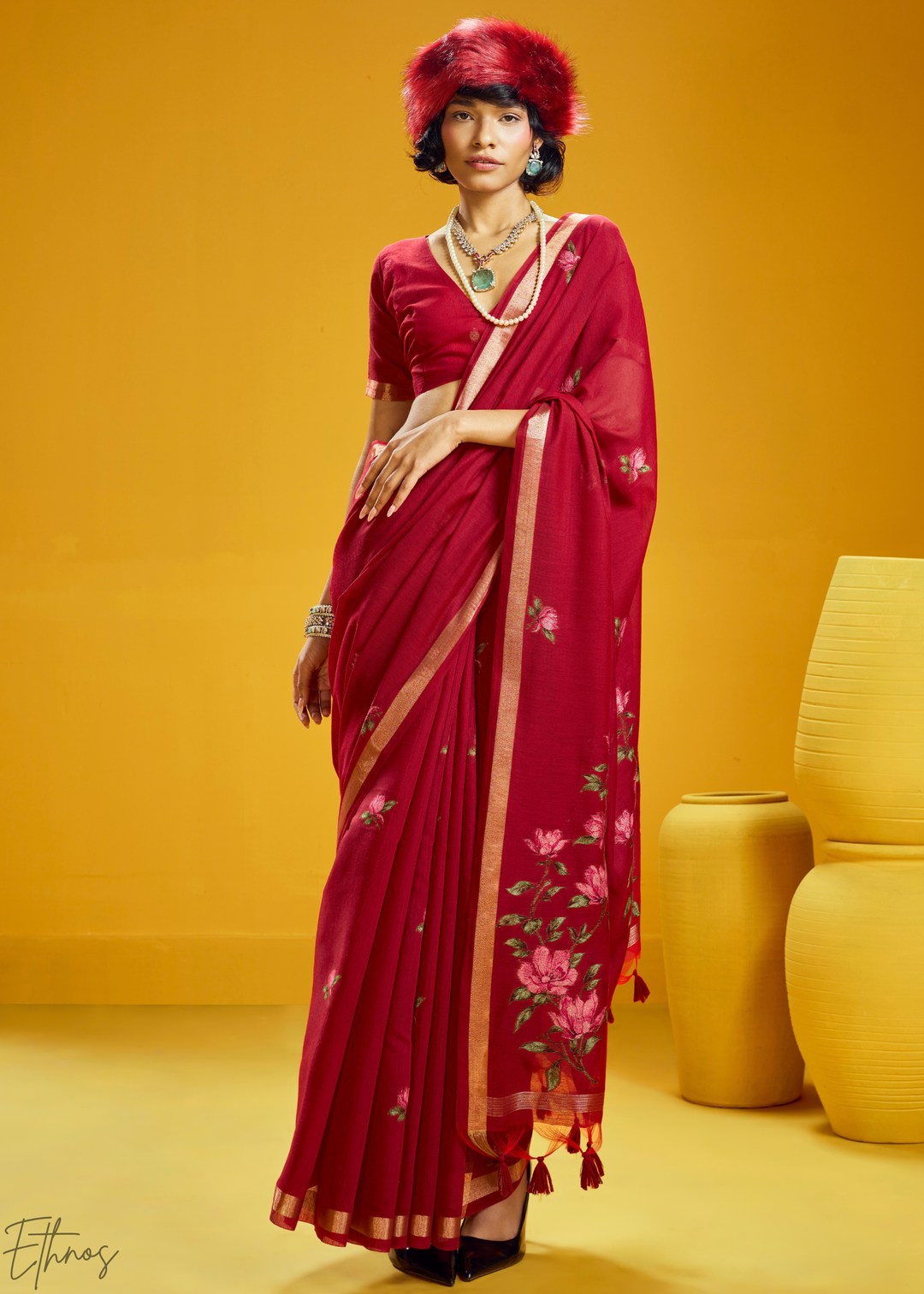 Crimson Lotus Jamdani Pallu Munga Cotton Saree